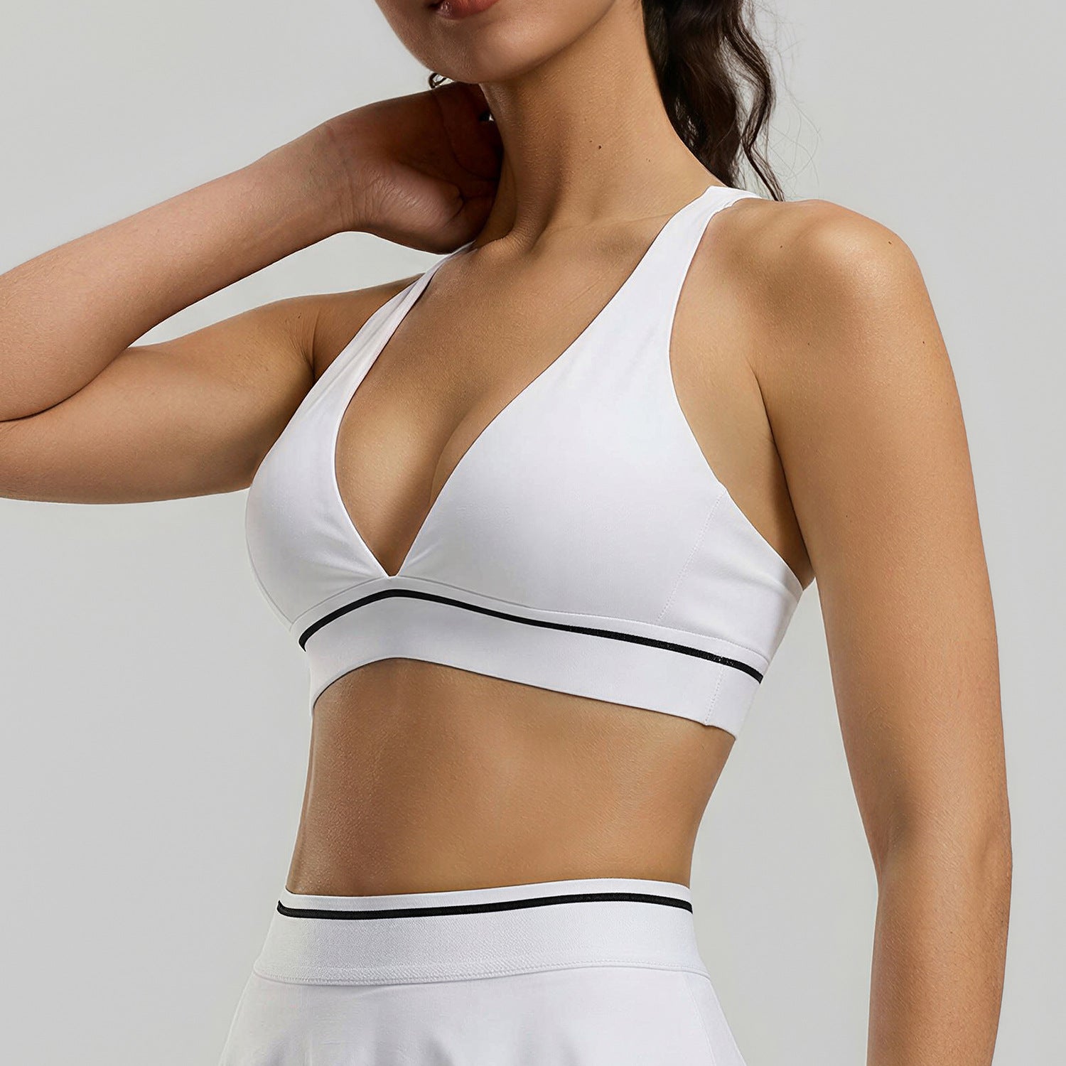 New European And American Color-block Stripe Sexy Tight Yoga Outfit For Women, Breathable Quick-drying Back Beauty Sports Bra Set