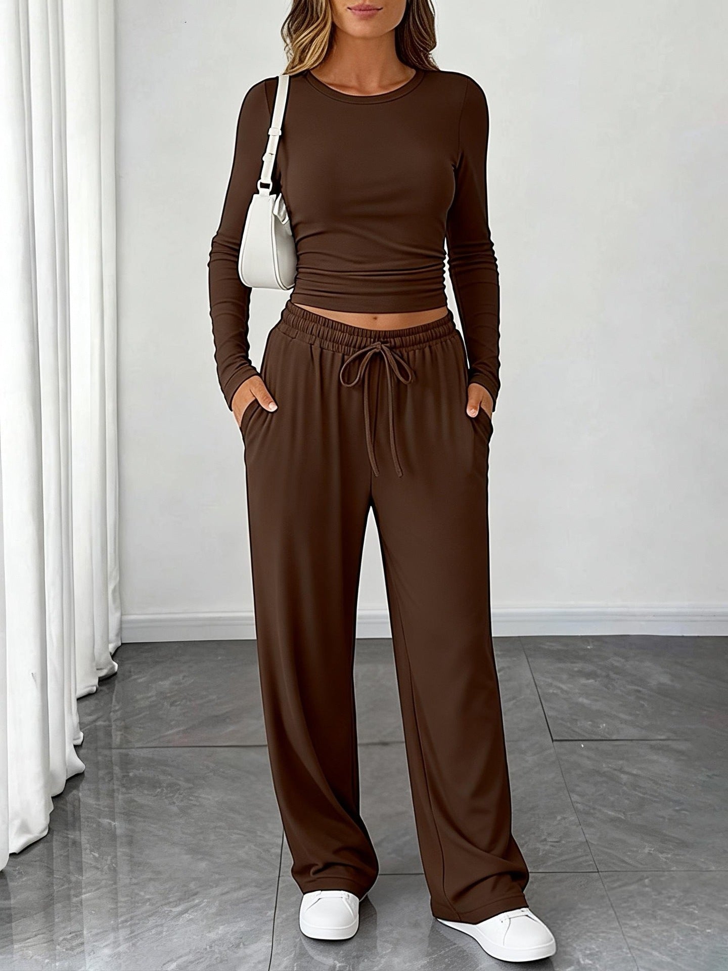 Amazon New European And American Style Slimming Waist-Cinching Fashionable Casual Suit Sports Yoga Spring And Summer Round Neck Long-Sleeved Women's Clothing