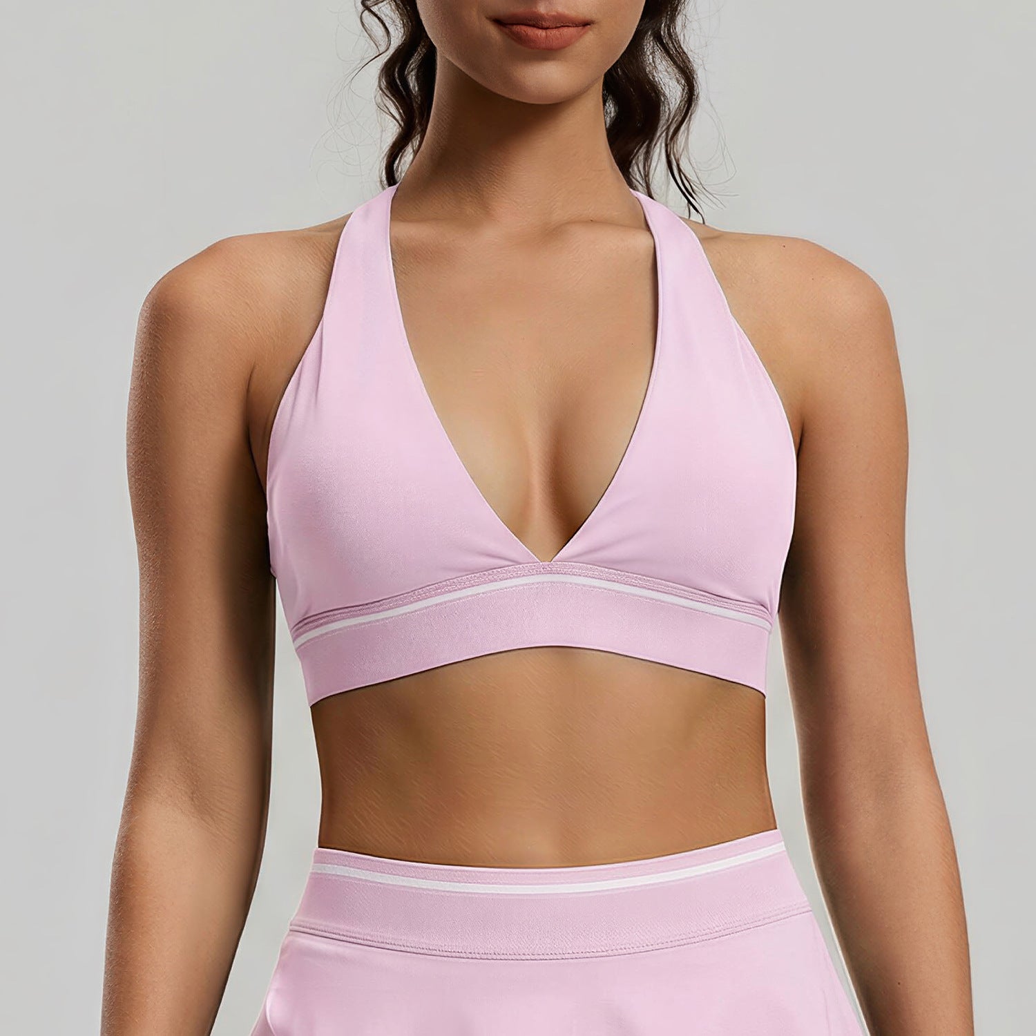 New European And American Color-block Stripe Sexy Tight Yoga Outfit For Women, Breathable Quick-drying Back Beauty Sports Bra Set